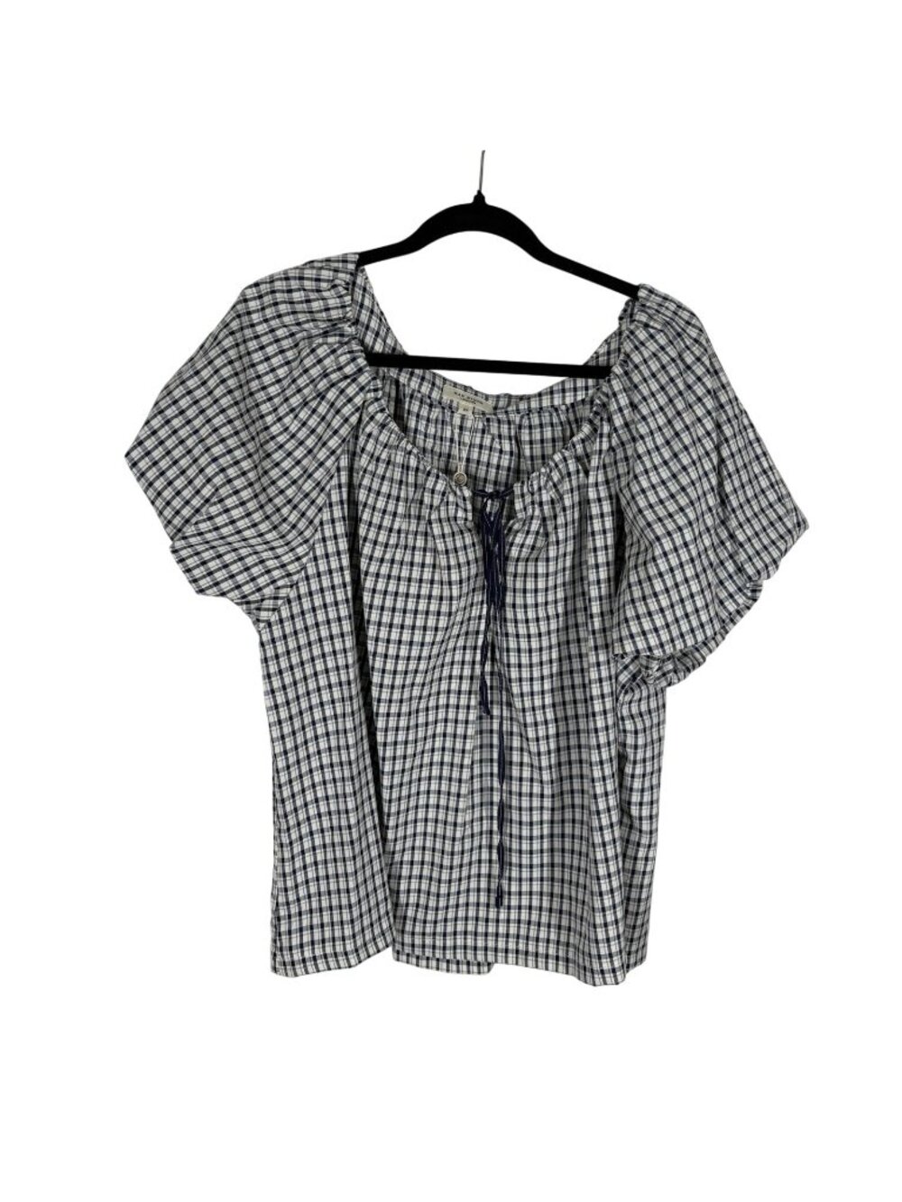 Max Studio Women Plus SZ 2X Blue White Gingham Peasant Style Tie Neck Blouse NWT